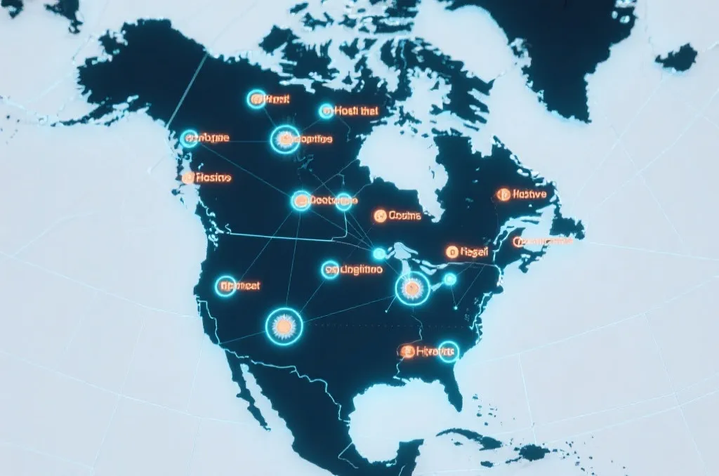 An abstract geographical map of North America with glowing network connection nodes representing different host cities, clean conceptual design